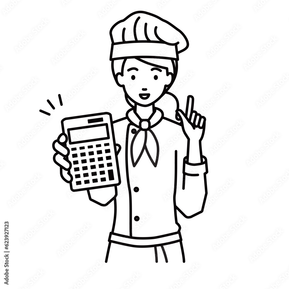 a woman cook recommending, proposing, showing estimates and pointing a calculator with a smile