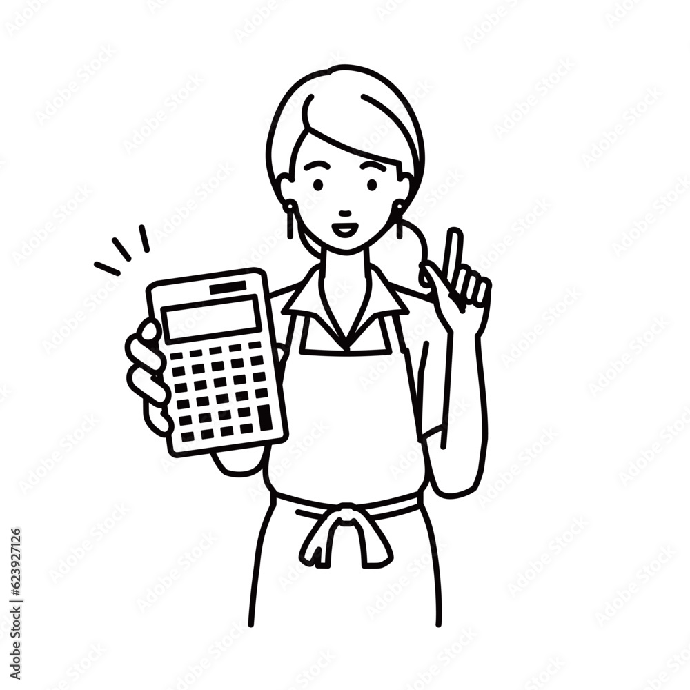a woman in cafe apron recommending, proposing, showing estimates and pointing a calculator with a smile a woman in cafe apron recommending, proposing, showing estimates and pointing a calculator with a smile