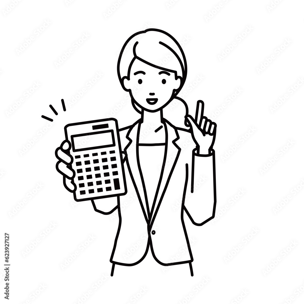 a woman in business suit style recommending, proposing, showing estimates and pointing a calculator with a smile a woman in business suit style recommending, proposing, showing estimates and pointing a calculator with a smile