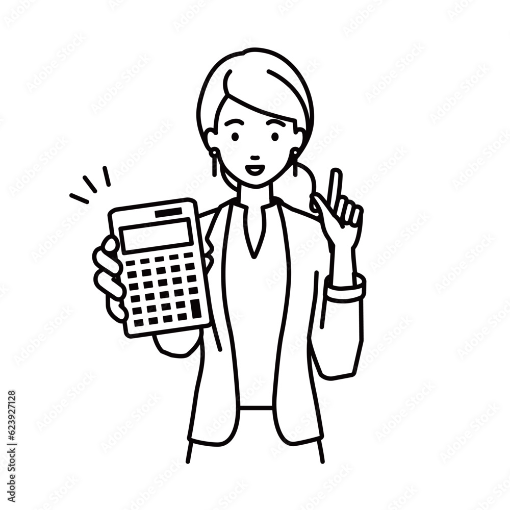a woman in work jacket style recommending, proposing, showing estimates and pointing a calculator with a smile