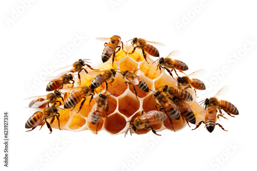 a swarm of bees creating a honeycomb, abstract shape isolated on a transparent background, generative ai