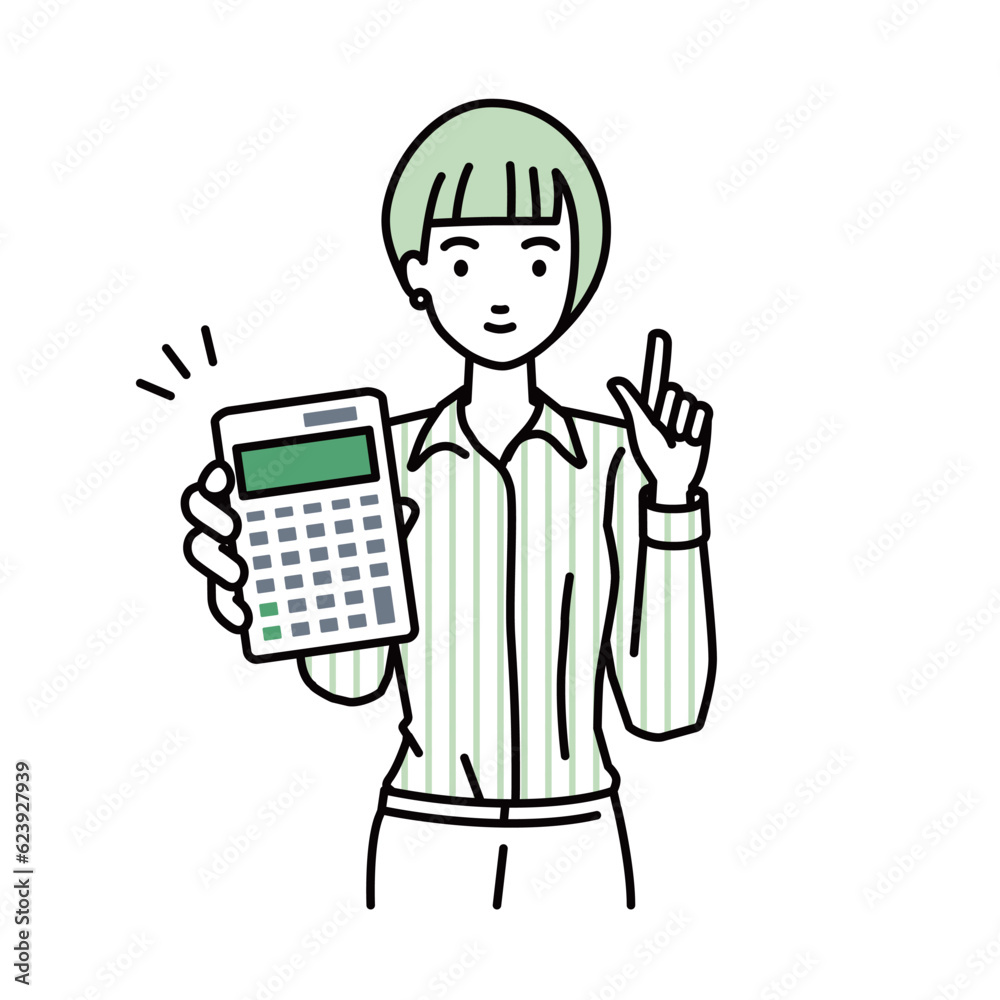 立って電卓を持ってこちらに向けて見せているシャツの女性 立って電卓を持ってこちらに向けて見せているシャツの女性