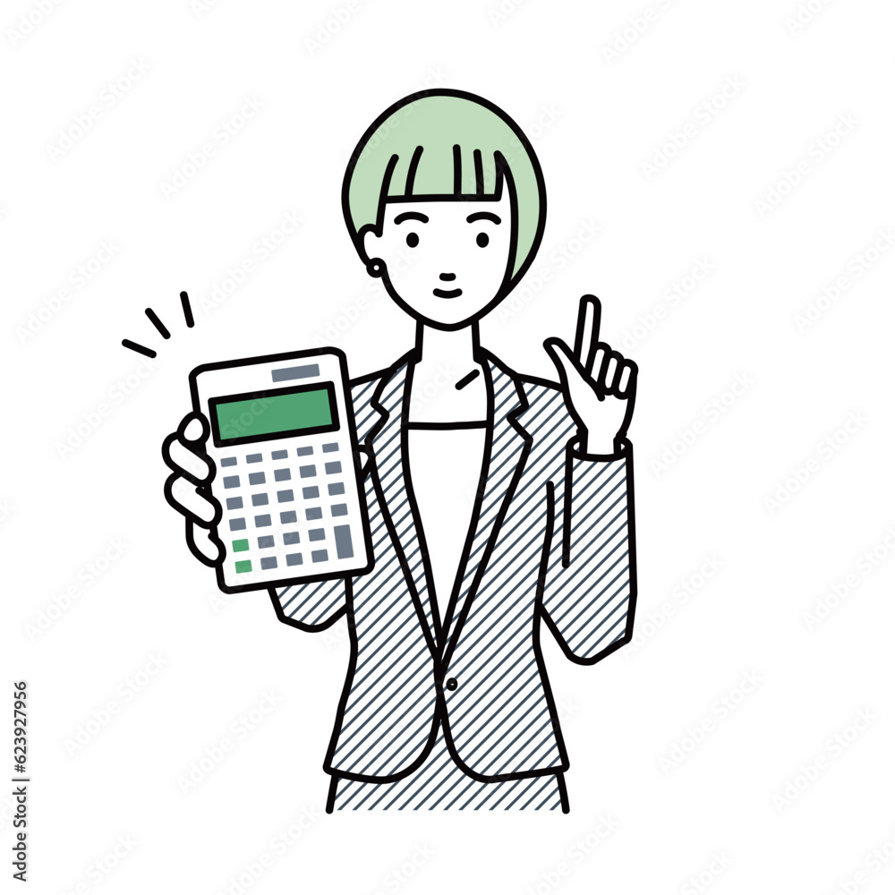 立って電卓を持ってこちらに向けて見せているスーツの女性