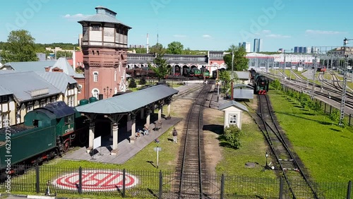 Railway workers day. Historical museum exhibition at old retro rail depot. Vintage trains and locomotives with rich history of metal industry at the outdoor station. Top view