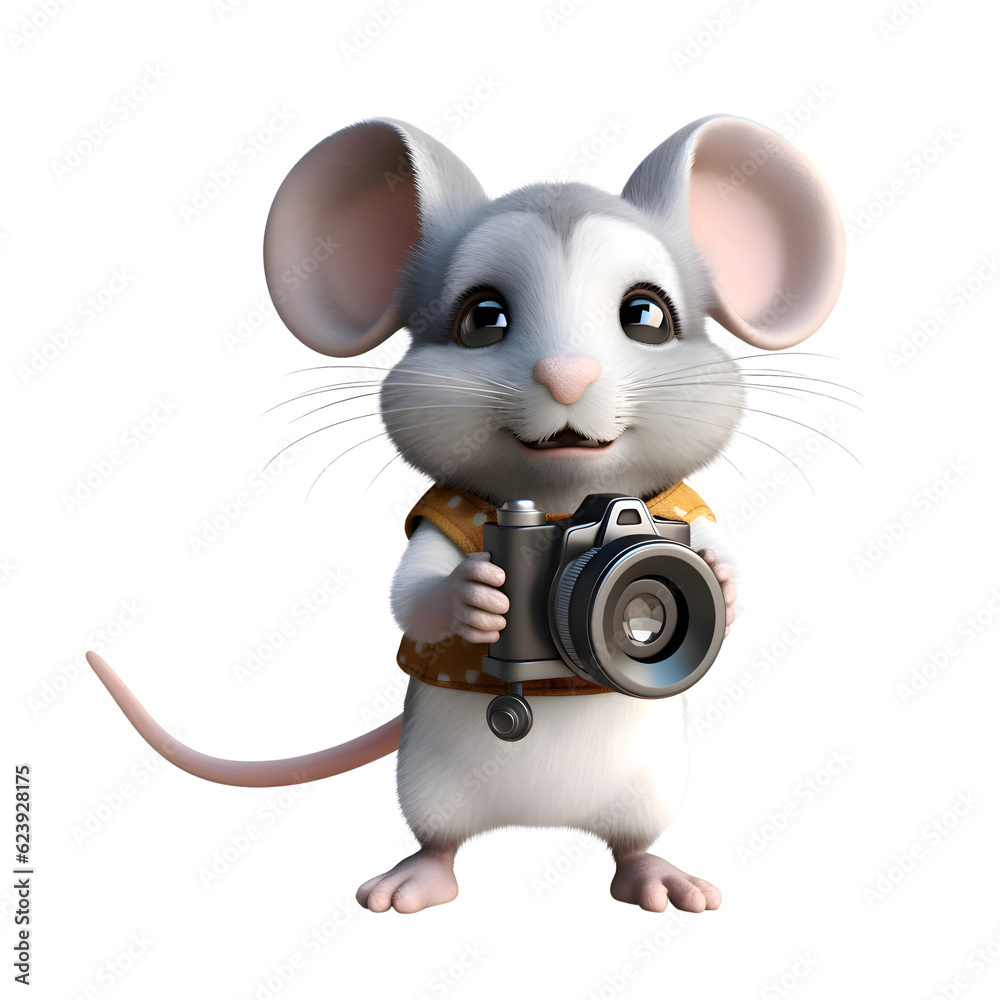 3D rendering of a cute white mouse with a camera in his hand