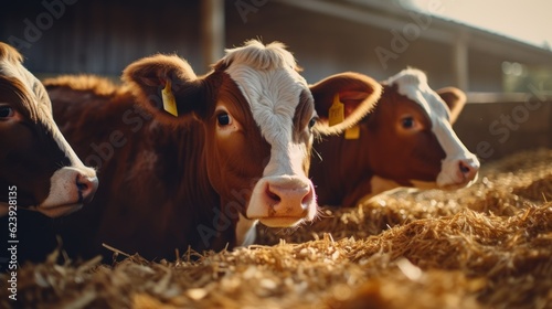 Close up of calves on an animal farm eating food—meat industry concept.