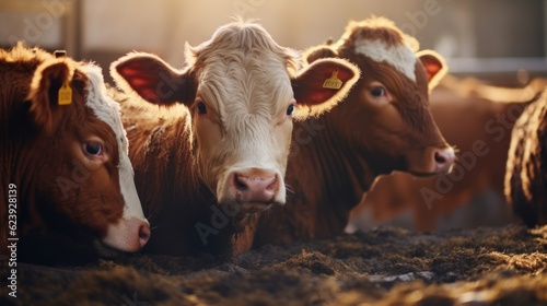 Close up of calves on an animal farm eating food—meat industry concept.