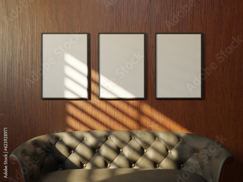 a vintage of set of three frame mockup poster for your art and quotes above the chesterfield sofa with dark wooden wall light by sunlight