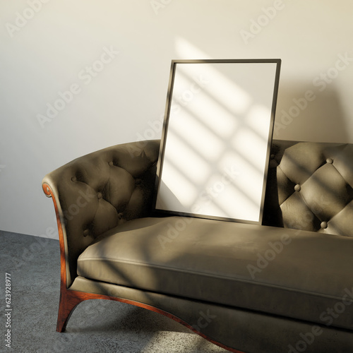 Aesthetic frame mockup poster laying on the chesterfield sofa light by window silhouete
