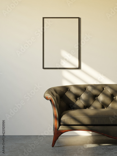 clean minimalist dark wooden frame mockup poster above the chesterfield sofa light by sunlight for your design