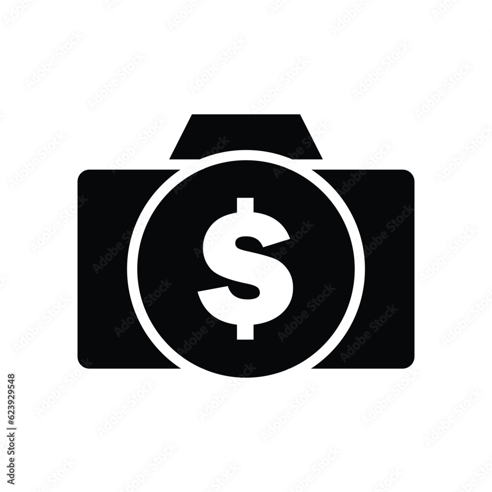 Photo camera with dollar symbol on lens glyph icon vector. Transaction, money symbol camera icon. Vector illustration glyph pictogram for infographic interface or design graphic. Photo camera with dollar symbol on lens glyph icon vector. Transaction, money symbol camera icon. Vector illustration glyph pictogram for infographic interface or design graphic.