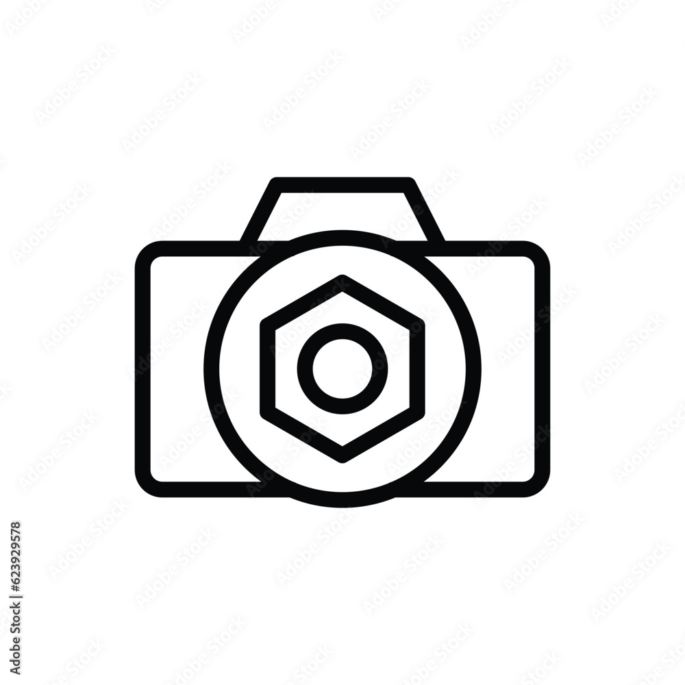 Photo camera with settings symbol on lens line icon vector. Vector illustration outline pictogram for infographic interface or design graphic. Photo camera with settings symbol on lens line icon vector. Vector illustration outline pictogram for infographic interface or design graphic.