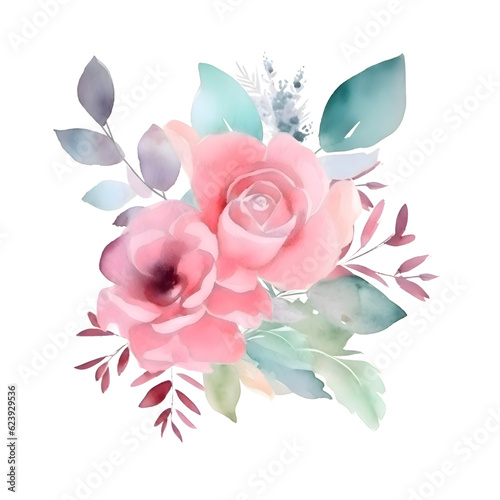Watercolor bouquet with pink roses and green leaves. Illustration