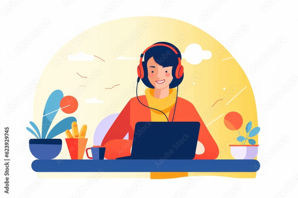 illustration, young customer service representative working in front of a computer, minimalist on a white background. generative ai illustration, young customer service representative working in front of a computer, minimalist on a white background. generative ai