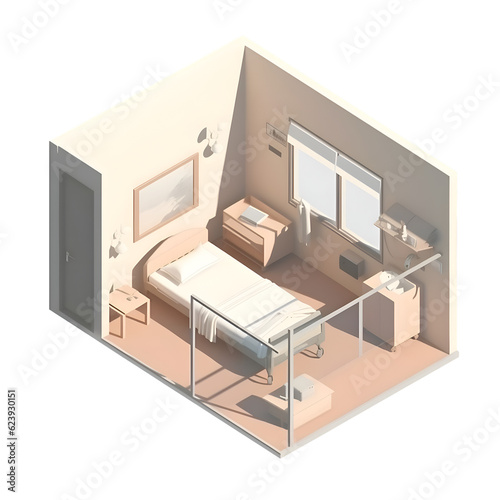 3d isometric illustration of a room with a bed and a door © Waqar