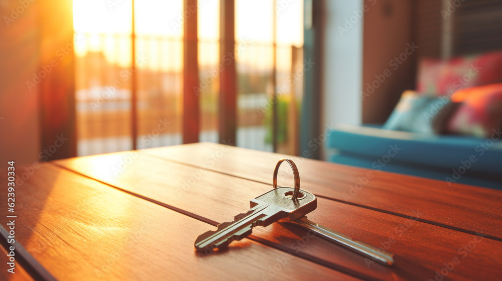 Obraz premium key on table in apartment room. financial planning for house and property investment advertising concept. generative AI