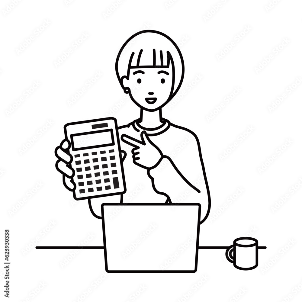 a woman in casual style recommending, proposing, showing and pointing a calculator with a smile in front of laptop pc a woman in casual style recommending, proposing, showing and pointing a calculator with a smile in front of laptop pc