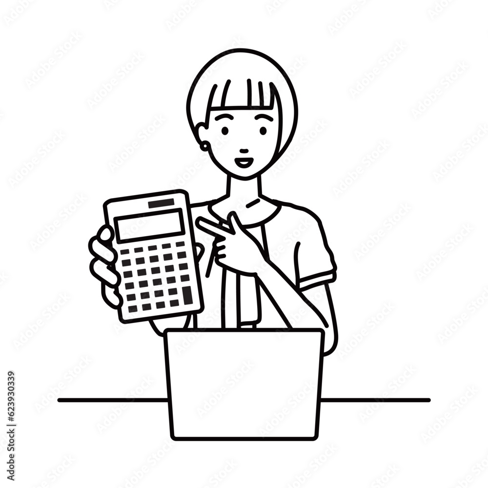 a woman in casual work style recommending, proposing, showing estimates and pointing a calculator with a smile in front of laptop pc a woman in casual work style recommending, proposing, showing estimates and pointing a calculator with a smile in front of laptop pc