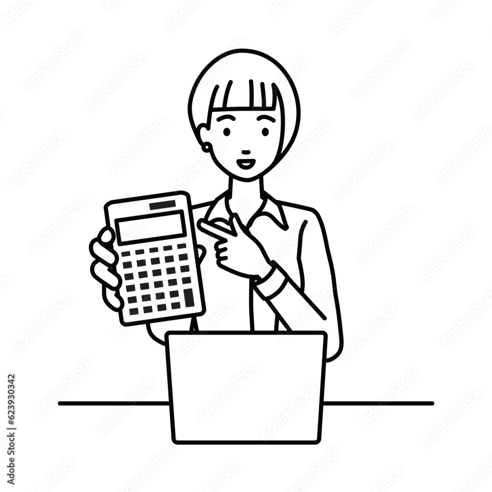 a woman in shirt work style recommending, proposing, showing estimates and pointing a calculator with a smile in front of laptop pc a woman in shirt work style recommending, proposing, showing estimates and pointing a calculator with a smile in front of laptop pc