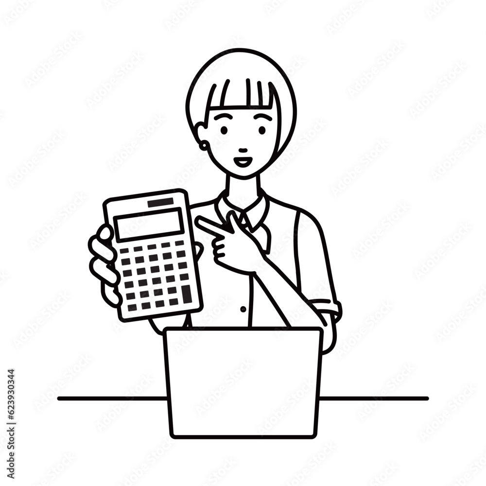 a woman in clerical uniform recommending, proposing, showing estimates and pointing a calculator with a smile in front of laptop pc a woman in clerical uniform recommending, proposing, showing estimates and pointing a calculator with a smile in front of laptop pc