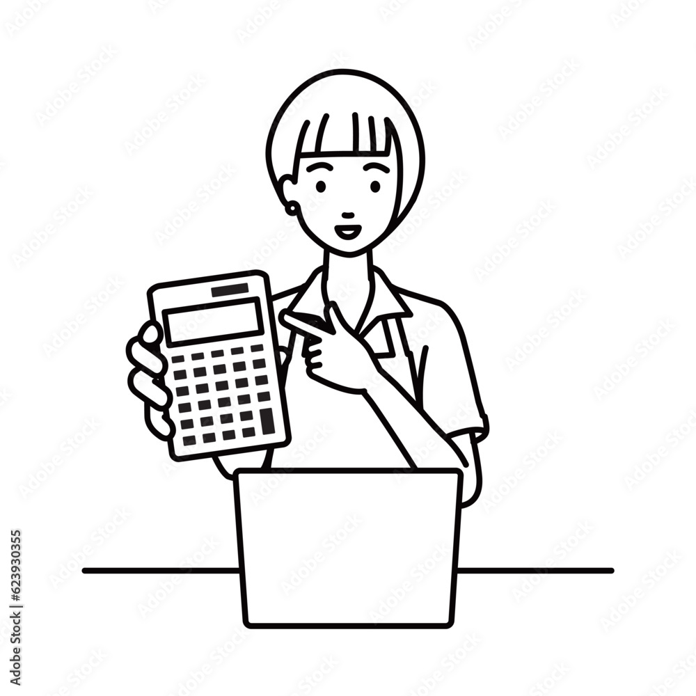 a woman in cafe apron recommending, proposing, showing estimates and pointing a calculator with a smile in front of laptop pc a woman in cafe apron recommending, proposing, showing estimates and pointing a calculator with a smile in front of laptop pc