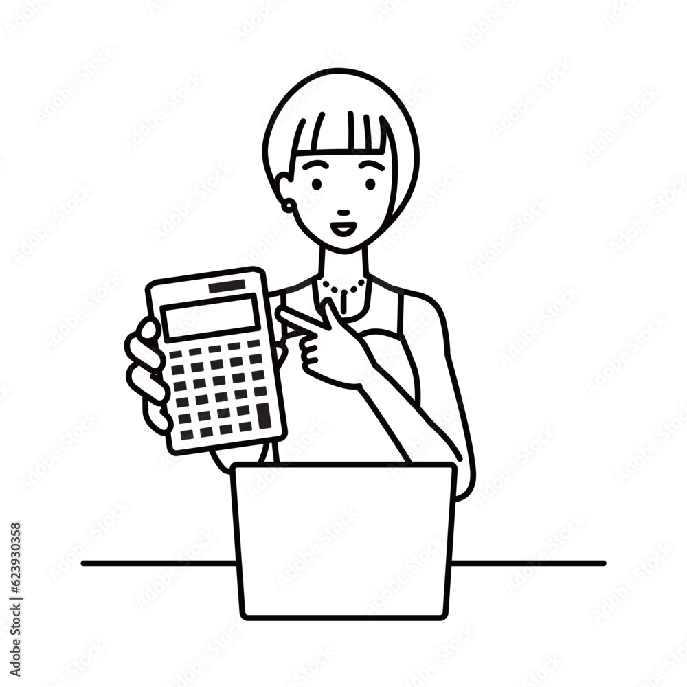 a woman in dress recommending, proposing, showing estimates and pointing a calculator with a smile in front of laptop pc a woman in dress recommending, proposing, showing estimates and pointing a calculator with a smile in front of laptop pc