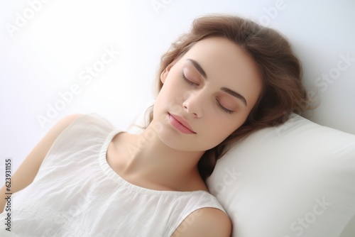 a young beautiful woman sleeps on a white pillow, isolated on white background, studio photo. generative ai