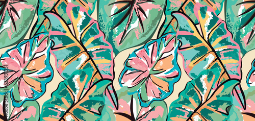 Summer leaves pattern looking like unfinished watercolors, tropical pattern perfect for textiles and decoration
