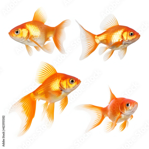 Animals gold fishes pets aquarium freshwater fish banner panorama long - Collection of goldfish (cyprinidae) swimming, isolated on white background, (Generative Ai)
