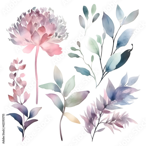 Set of watercolor flowers. Hand-drawn illustration. Isolated on a white background.