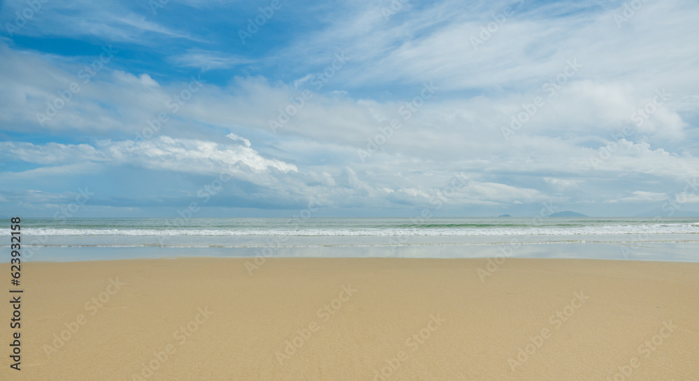 Tropical landscape of summer scenery. Beach with blue sky and white clouds background. Summer vacation travel concept.