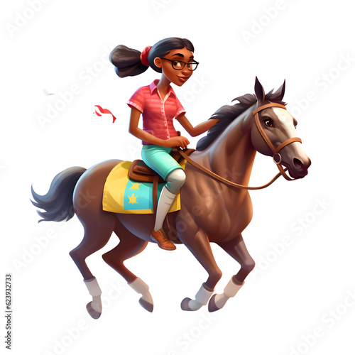 Girl riding a horse on a white background. Cartoon character. Vector illustration.