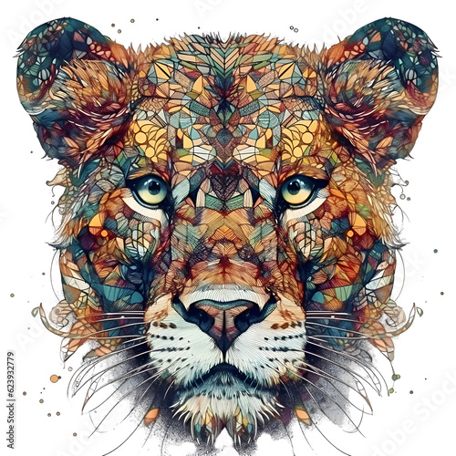 Portrait of leopard with colorful ornament. Hand-drawn illustration.