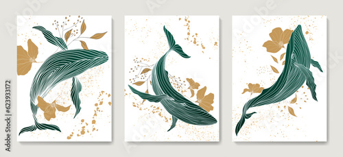 Art background with whales and flowers hand drawn in gold and green colors in art line style. Animal vector set for decor, print, textile, interior design, poster, print.