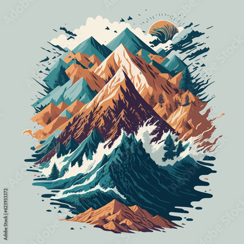a mountain with waves coming out of it vector t-shirt design