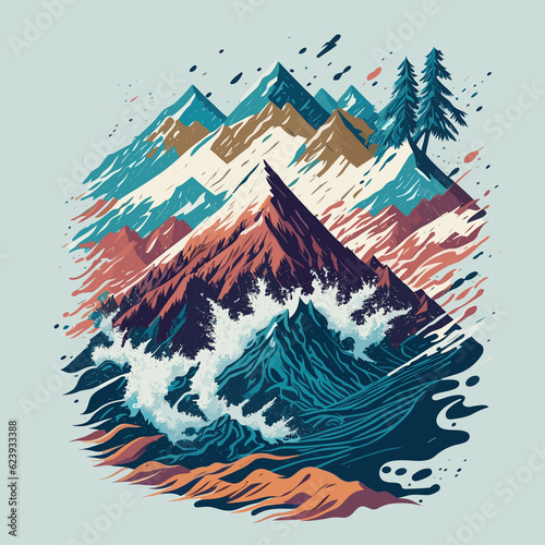 a mountain with waves coming out of it vector t shirt design