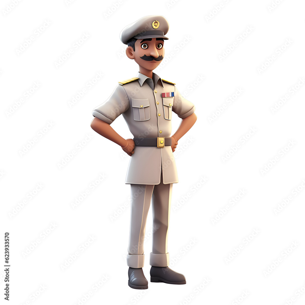 3D illustration of a police officer with arms akimbo pose