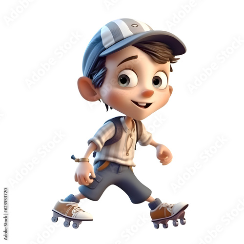 3d Render of Little boy on roller skates on white background