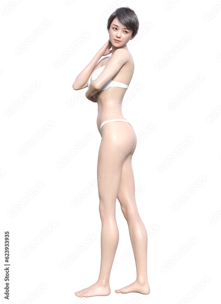 Fototapeta premium 髪をかきあげながら振り向く日本人女性のイラスト ナチュラルな3Dモデルの全身横向き 後ろ向き