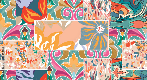patchwork floral pattern with damask and indian motifs. mixed damask with floral flat design. Pattern for textil and decoration