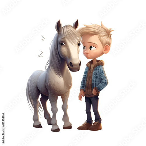 Little boy and a white horse on a white background. Vector illustration.