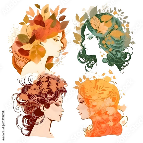 Vector illustration of beautiful girls with autumn leaves in hand drawn style.