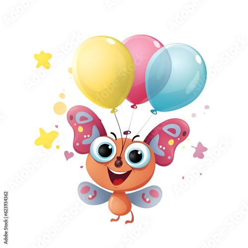 Cute cartoon butterfly with colorful balloons isolated on white background. Vector illustration.