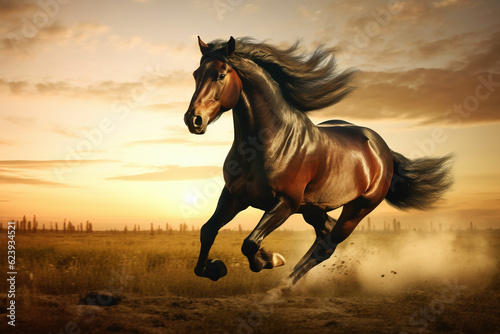 Powerful horse galloping across open field at dawn  capturing its strength and freedom  ideal for equestrian and nature lovers