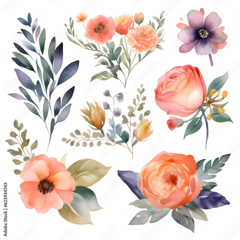 Set of watercolor floral elements. Hand drawn flowers and leaves.