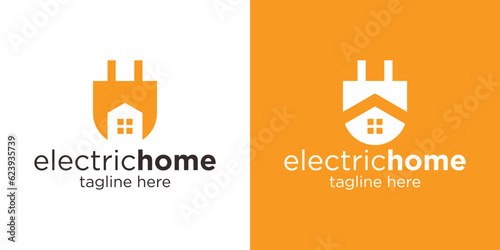 logo design home and plug in electrical icon vector inspiration