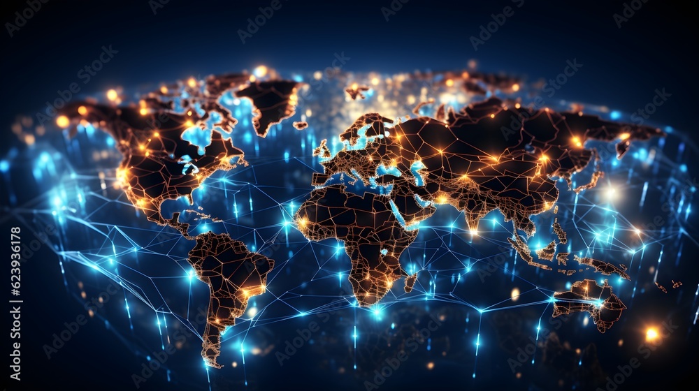 Tech-Driven Global Connectivity: Blue Abstract Technological Vector Background with Geographic Map