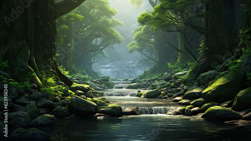 green forest with tree and stream. nature scene background concept. generative AI  © piggu