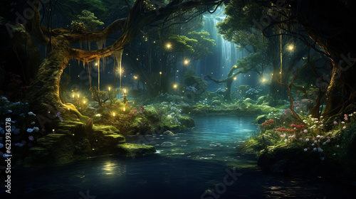 fantasy forest with tree and twinkled light. fairy tale background. generative AI © piggu