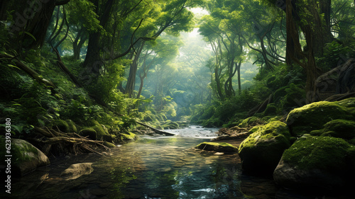 green forest with tree and stream. nature scene background concept. generative AI 